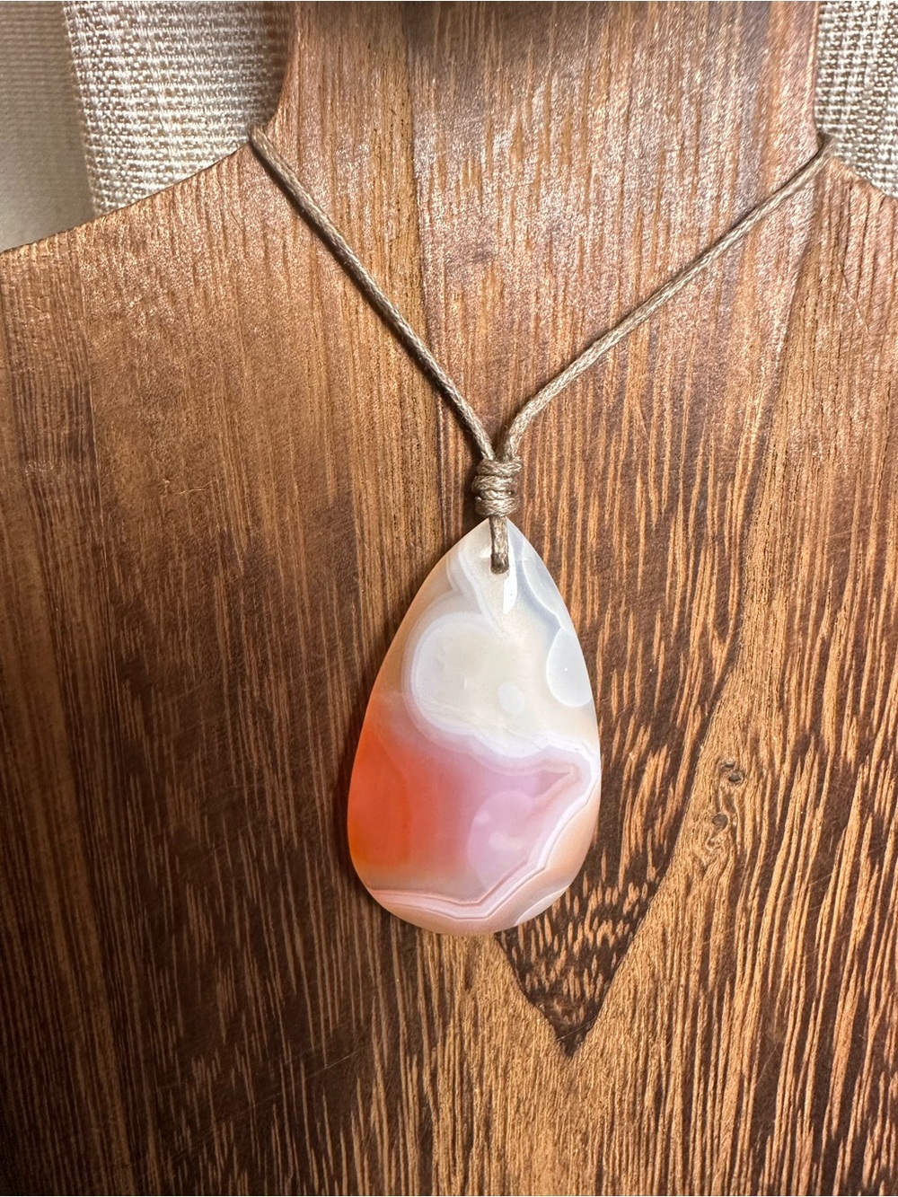 Coral Agate Teardrop Pendant Necklace on Thin Simple Tan Rope - Picture 3 of 14